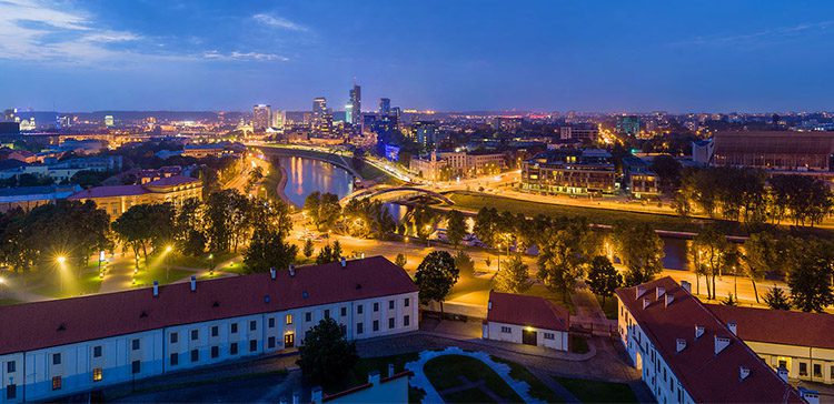 aerial view of the Vilnius skyline lit up at night
