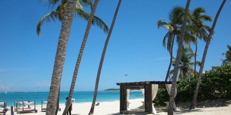 cabana beds on a white sand beach in the Domincan Republic