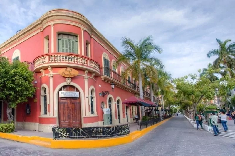 Colonial style buildings line the Plaza Machado in Old Mazatlan, Mexico