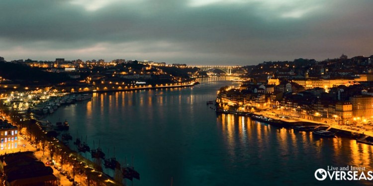 A nighttime view along a river in Portugal
