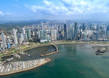 The Bay of Panama with tall skyscrapers and marina