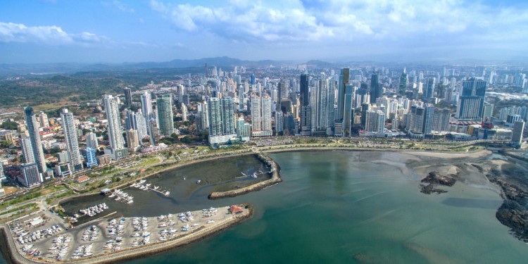 The Bay of Panama with tall skyscrapers and marina