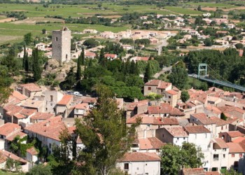 An aerial view of the Medievil city of Saint-Chinian