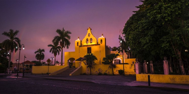 A church in Merida lit up at Dusk