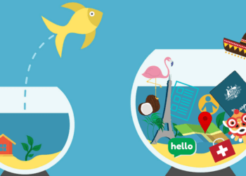 A fish jumping out of a bowl and into a bigger bowl filled with stuff from across the world, used to signify moving to another country.