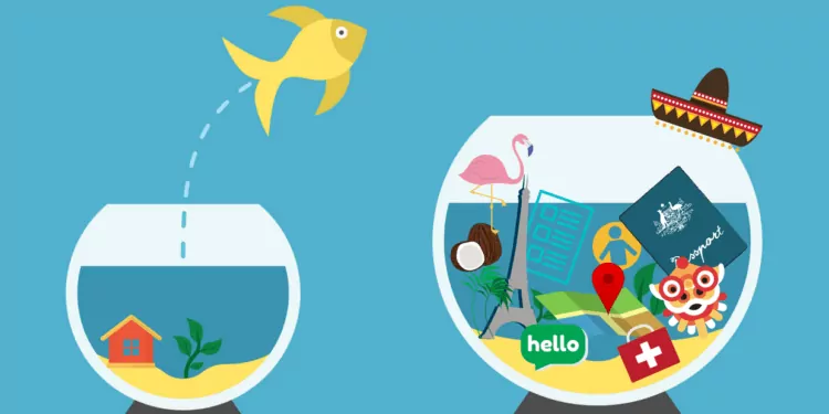 A fish jumping out of a bowl and into a bigger bowl filled with stuff from across the world, used to signify moving to another country.