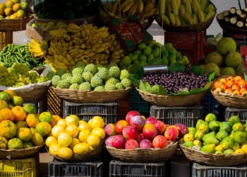 a market stall selling tropical fruits. for sale are lemons bananas limes apples and more