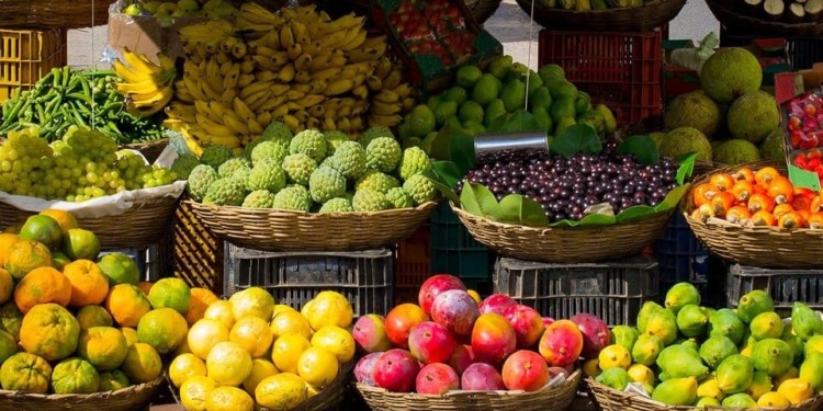 a market stall selling tropical fruits. for sale are lemons bananas limes apples and more