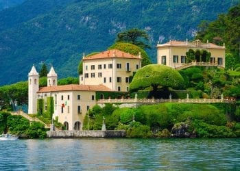 A view from the water of a lakeside Italian villa