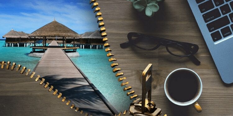 A Desk Being Unzipped To Reveal A Blue Sea And Tropical Huts