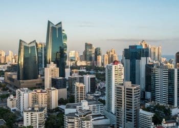 Panama City view across the financial district and high rise buildings