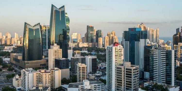 Panama City view across the financial district and high rise buildings
