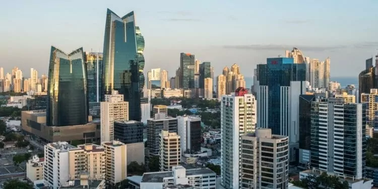 Panama City view across the financial district and high rise buildings