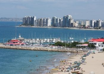 View of the harbor and beach in Salinas, Ecuador