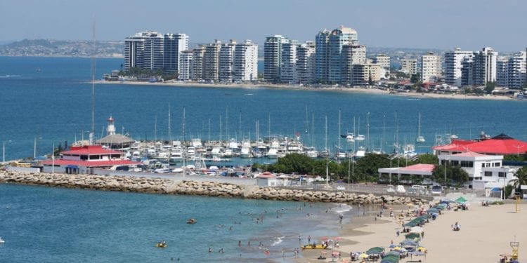 View of the harbor and beach in Salinas, Ecuador