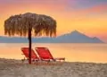 Halkidiki beach before sunrise, Mount Athos in the background, Greece.