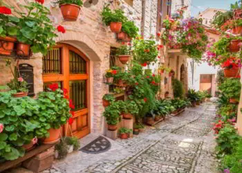 Street in small town in Umbria Italy in summer