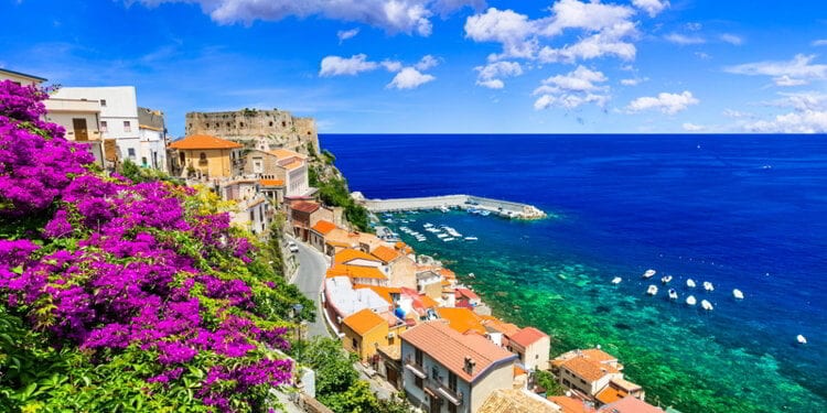 Beautiful Scilla village,view with medieval castle and sea, Calabria, Italy.