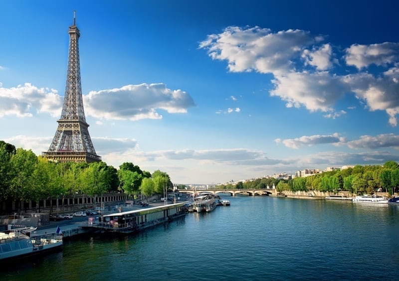 River Seine and Eiffel Tower in Paris, France.