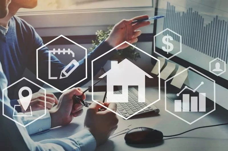 Real estate concept with icons of location, contract and price diagram