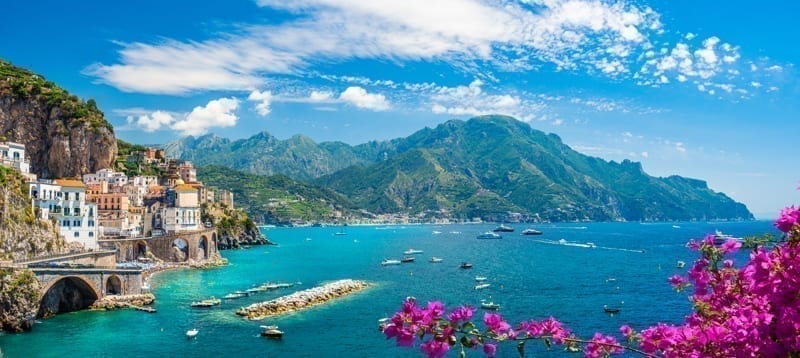 Landscape with Atrani town at famous Amalfi coast, Italy