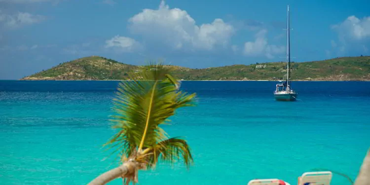 Relaxing on chair on the beach with palm and yacht on background