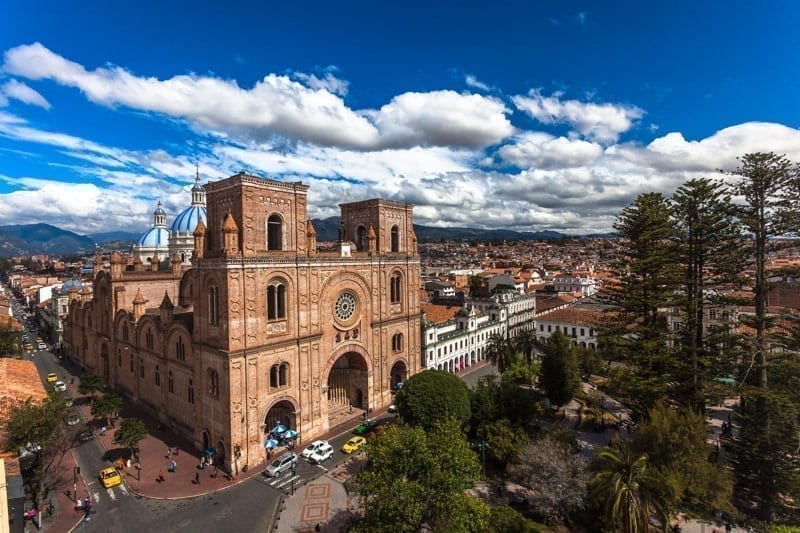 Cathedral built of bricks in the center of the city of Cuenca, Ecuador.