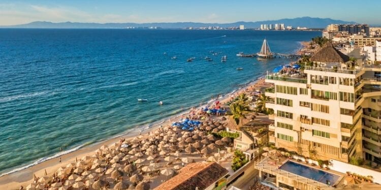 Aerial view of Los Muertos Beach, the most popular beach in Puerto Vallarta, Jalisco, Mexico.