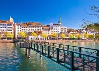 Colorful view of the landmarks in Zurich, Switzerland on an autumn afternoon.