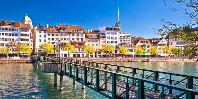 Colorful view of the landmarks in Zurich, Switzerland on an autumn afternoon.