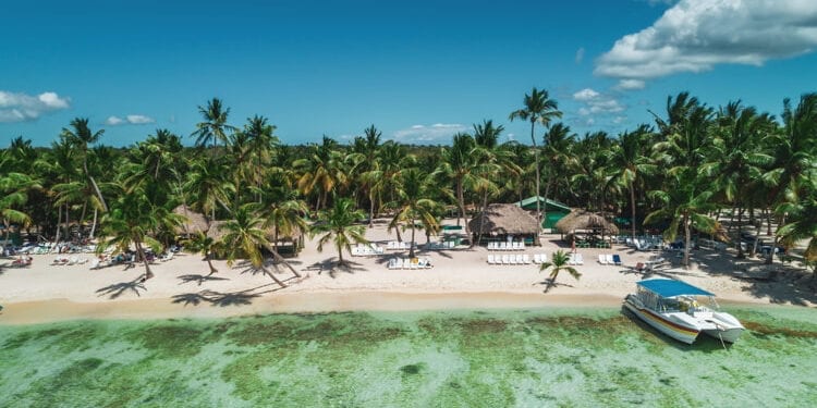 Aerial view of tropical island beach, Dominican Republic.