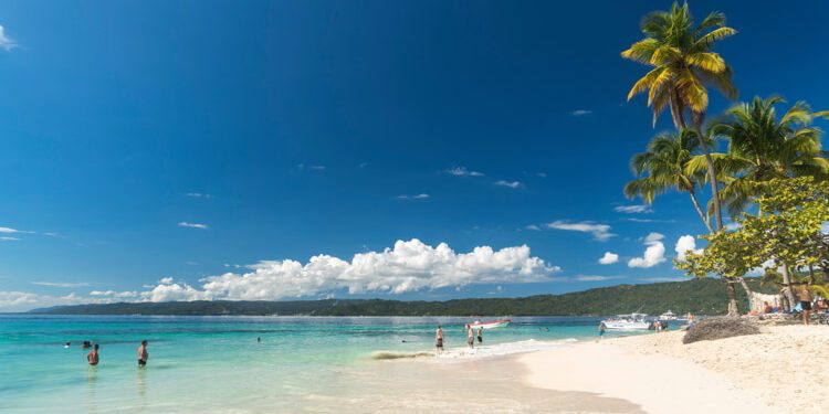Palm fringed sandy beach of Cayo Levantado, Samana, Dominican Republic.
