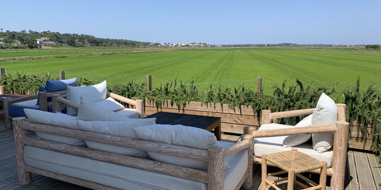 Outdoor garden furniture on the terrace in front of the green rice fields in Quinta da Comporta, Portugal