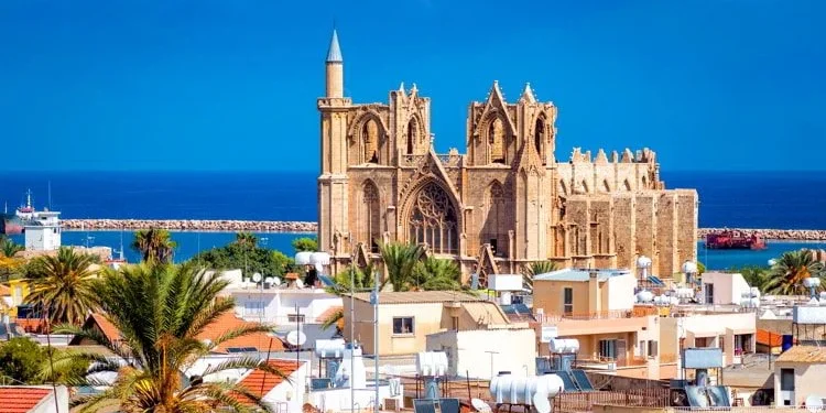 Lala Mustafa Pasha Mosque and Famagusta town on a bright afternoon
