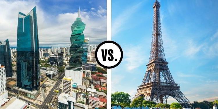 An image of buildings in Panama City Panama to the left and the Eiffel Tower in Paris, France to the right
