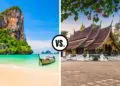 Clear water beach in Thailand to the left and Wat Xieng Thong (Golden City Temple) in Luang Prabang, Laos to the right.