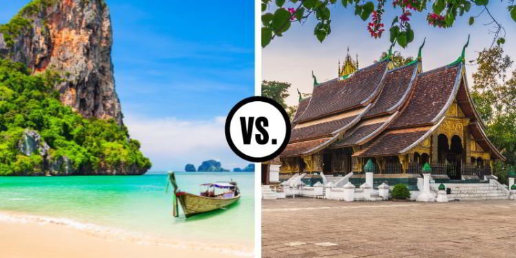 Clear water beach in Thailand to the left and Wat Xieng Thong (Golden City Temple) in Luang Prabang, Laos to the right.