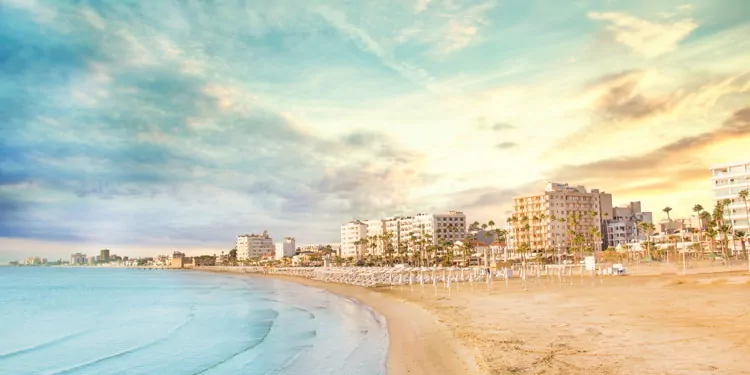 Beautiful view of the main street of Larnaca and Phinikoudes beach in Cyprus