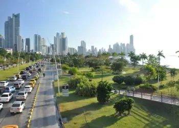 Panama City with high skyscrapers and port on the Pacific coast