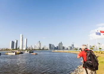Senior man photographing a Panorama of Panama City.