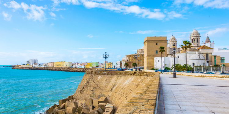 Seaside view of Cádiz in Spain including local cathedral
