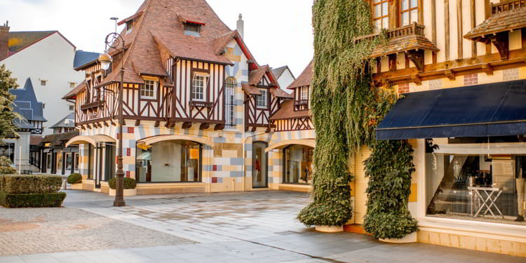Street view with beautiful old houses in the center of Deauville town, Famous French resort in Normandy