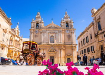 Town square and Saint Poul Cathedral in Mdina village of Malta in Europe