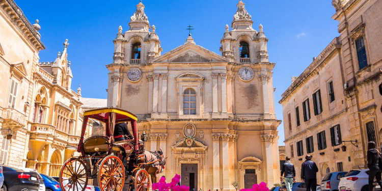 Town square and Saint Poul Cathedral in Mdina village of Malta in Europe