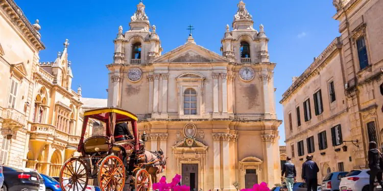 Town square and Saint Poul Cathedral in Mdina village of Malta in Europe