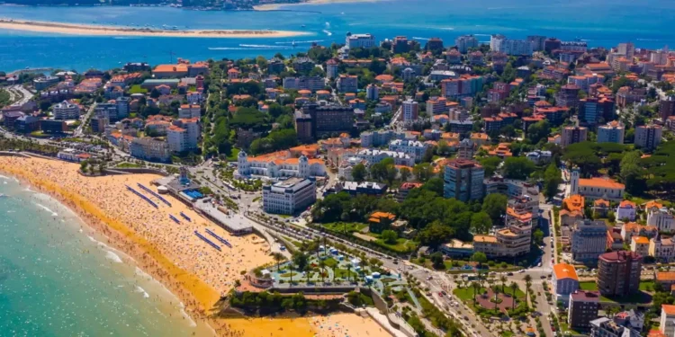 Day aerial cityscape of Santander coast with sand beach, Cantabria, Spain