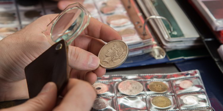 Two numismatists examine collection of coin