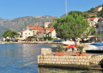 Bay of Kotor ocean and mountain views and town of Perast in Montengro