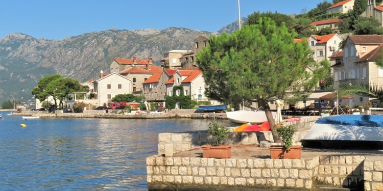 Bay of Kotor ocean and mountain views and town of Perast in Montengro