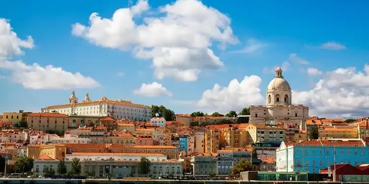 View of the old city of Lisbon, from across the Tagus Estuary, Portugal.